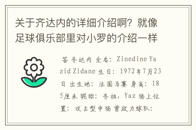 关于齐达内的详细介绍啊?就像足球俱乐部里对小罗的介绍一样,要从幼年开始的特别是他的坎坷的那一段