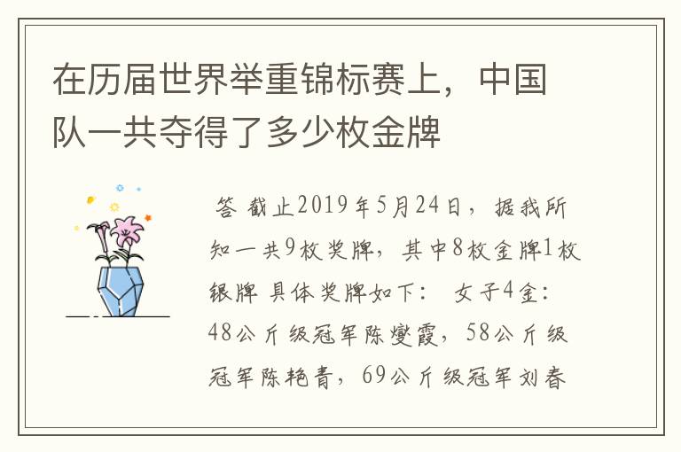 在历届世界举重锦标赛上,中国队一共夺得了多少枚金牌