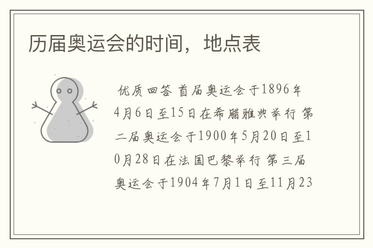 历届奥运会的时间,地点表