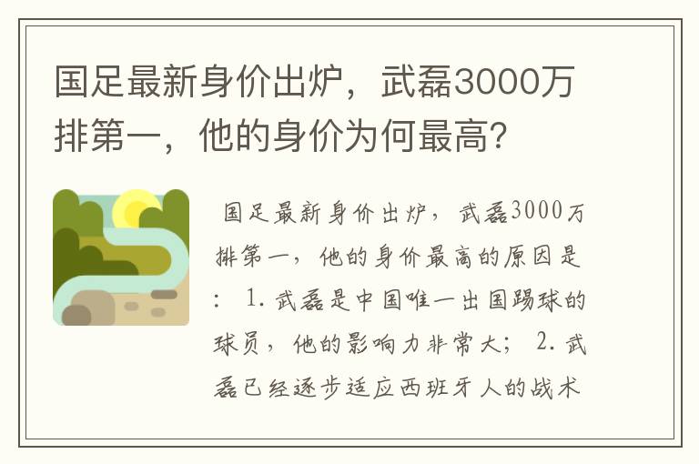 国足最新身价出炉,武磊3000万排第一,他的身价为何最高?