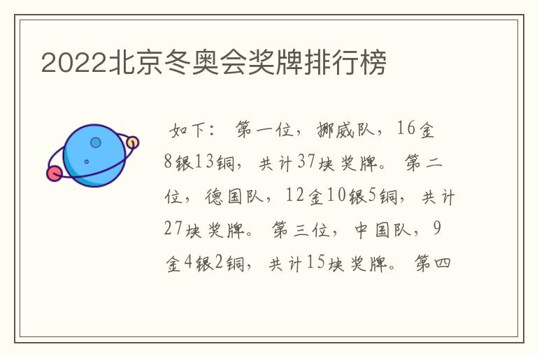 2022北京冬奥会奖牌排行榜