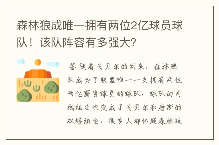 森林狼成唯一拥有两位2亿球员球队!该队阵容有多强大?