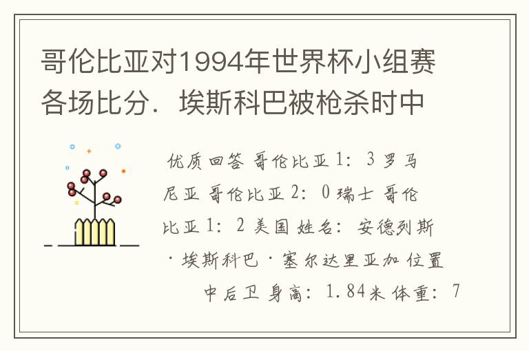 哥伦比亚对1994年世界杯小组赛各场比分.埃斯科巴被枪杀时中了多少枪?