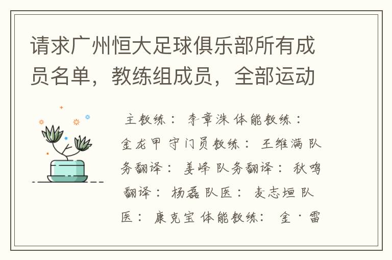 请求广州恒大足球俱乐部所有成员名单,教练组成员,全部运动员名字资料,(包括内外援详细资料)