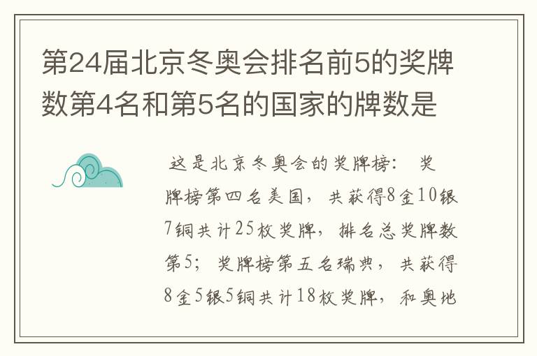 第24届北京冬奥会排名前5的奖牌数第4名和第5名的国家的牌数是多少?