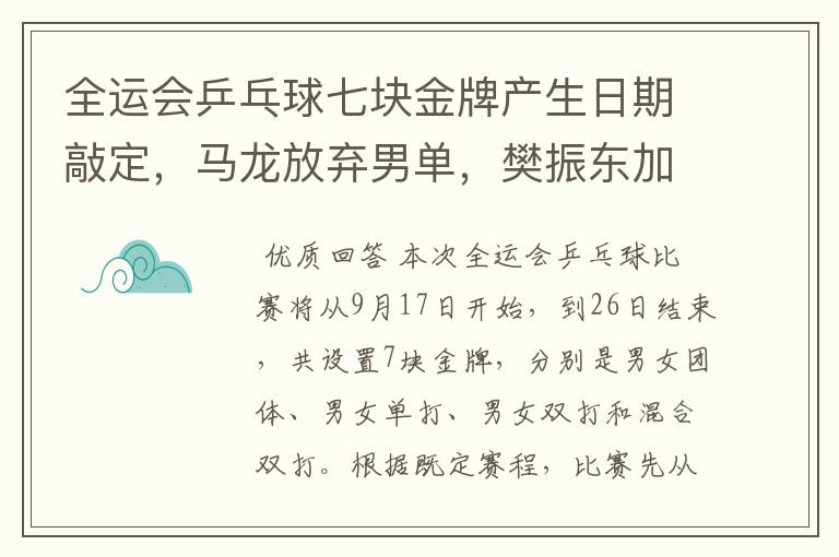 全运会乒乓球七块金牌产生日期敲定,马龙放弃男单,樊振东加冕?