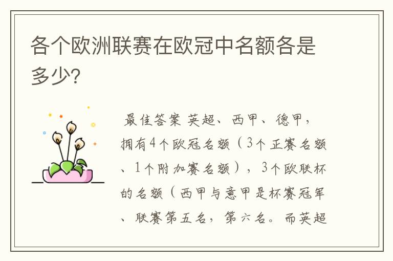 各个欧洲联赛在欧冠中名额各是多少?