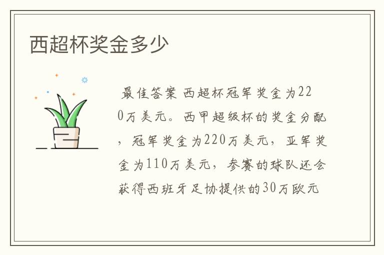 西超杯奖金多少