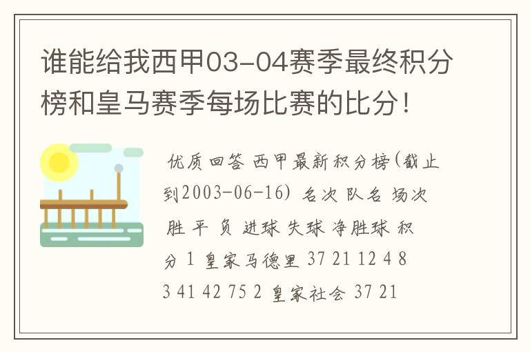 谁能给我西甲03-04赛季最终积分榜和皇马赛季每场比赛的比分!