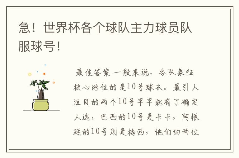 急!世界杯各个球队主力球员队服球号!