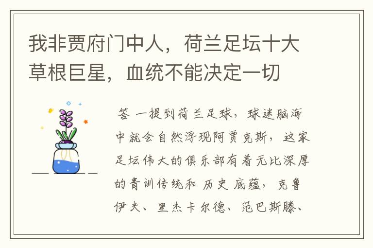 我非贾府门中人,荷兰足坛十大草根巨星,血统不能决定一切