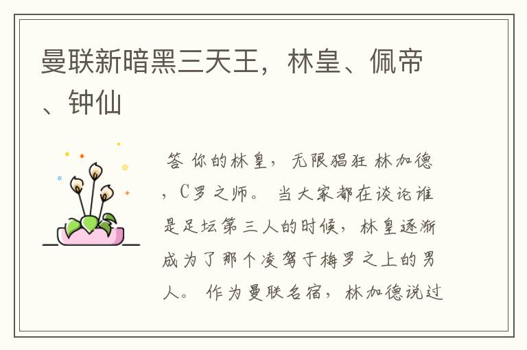 曼联新暗黑三天王,林皇、佩帝、钟仙