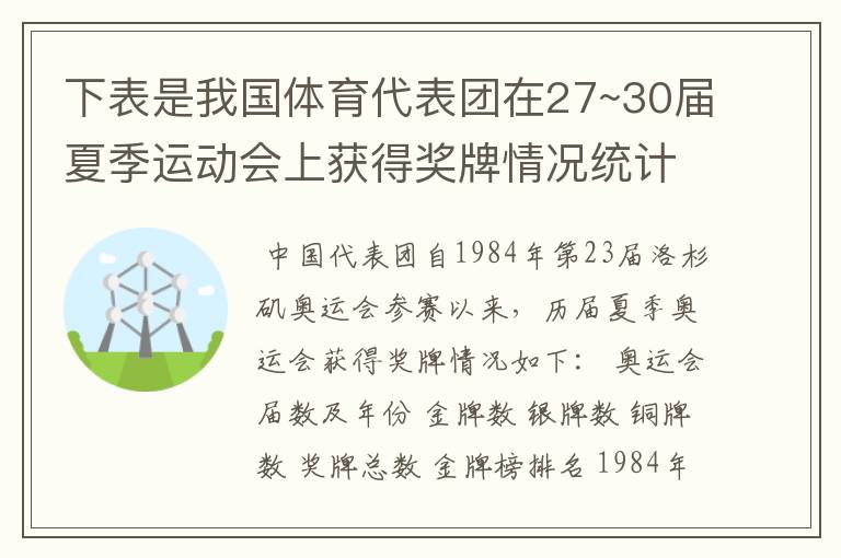 下表是我国体育代表团在27~30届夏季运动会上获得奖牌情况统计表