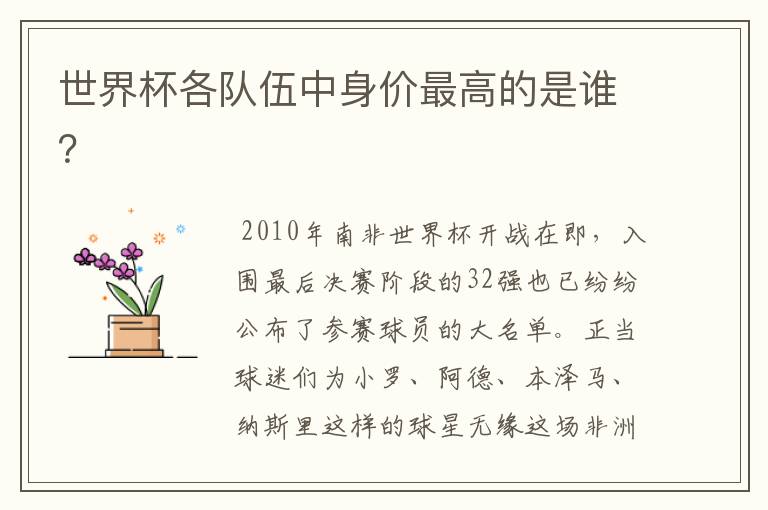 世界杯各队伍中身价最高的是谁?