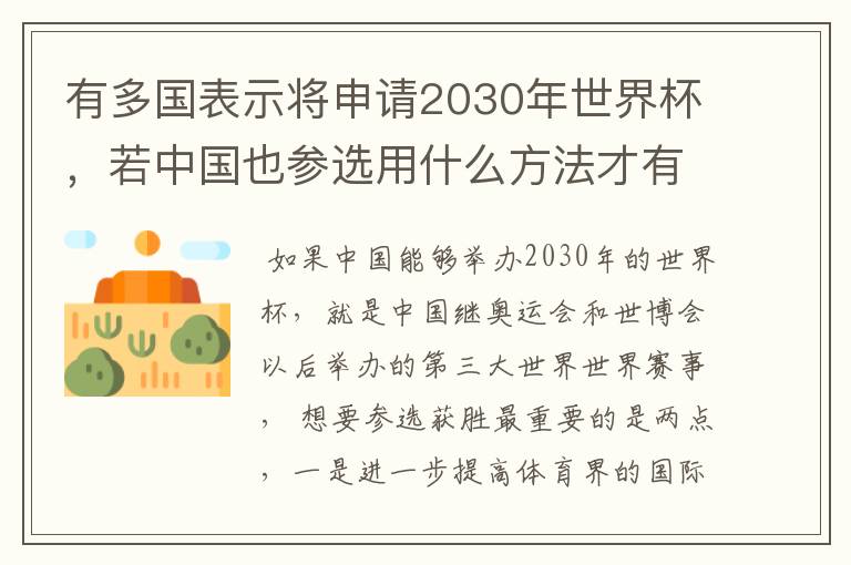 有多国表示将申请2030年世界杯,若中国也参选用什么方法才有可能获胜?