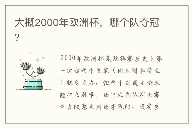 大概2000年欧洲杯,哪个队夺冠?