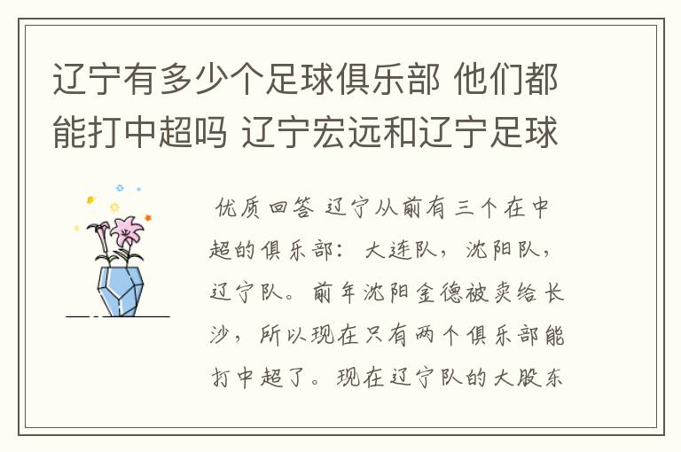 辽宁有多少个足球俱乐部 他们都能打中超吗 辽宁宏远和辽宁足球俱乐部是什么啊