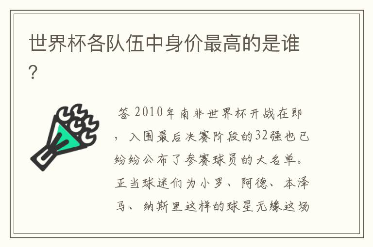 世界杯各队伍中身价最高的是谁?