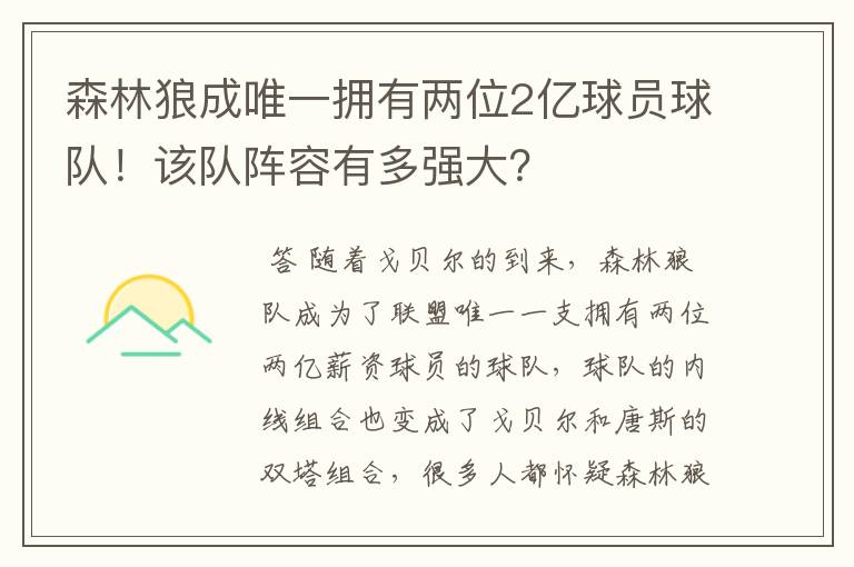 森林狼成唯一拥有两位2亿球员球队!该队阵容有多强大?