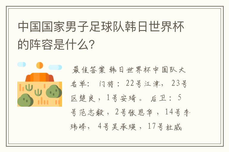 中国国家男子足球队韩日世界杯的阵容是什么？