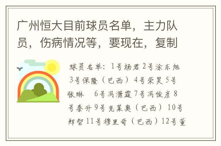 广州恒大目前球员名单,主力队员,伤病情况等,要现在,复制的别来!