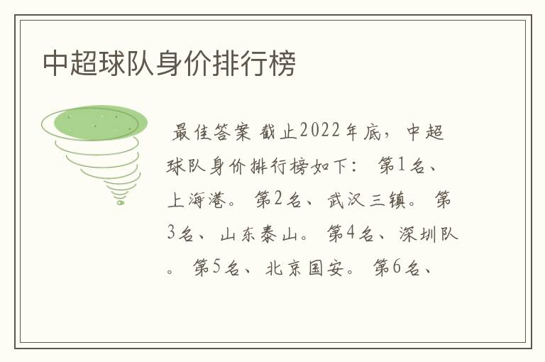 中超球队身价排行榜