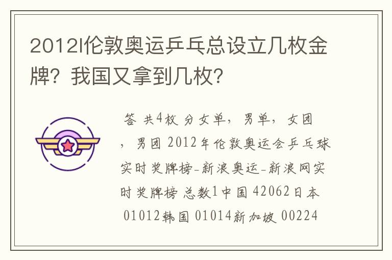 2012l伦敦奥运乒乓总设立几枚金牌?我国又拿到几枚?
