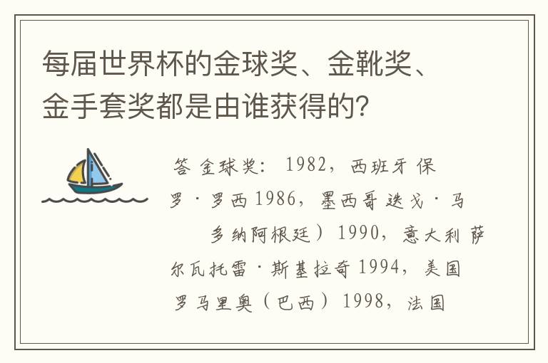 每届世界杯的金球奖、金靴奖、金手套奖都是由谁获得的?