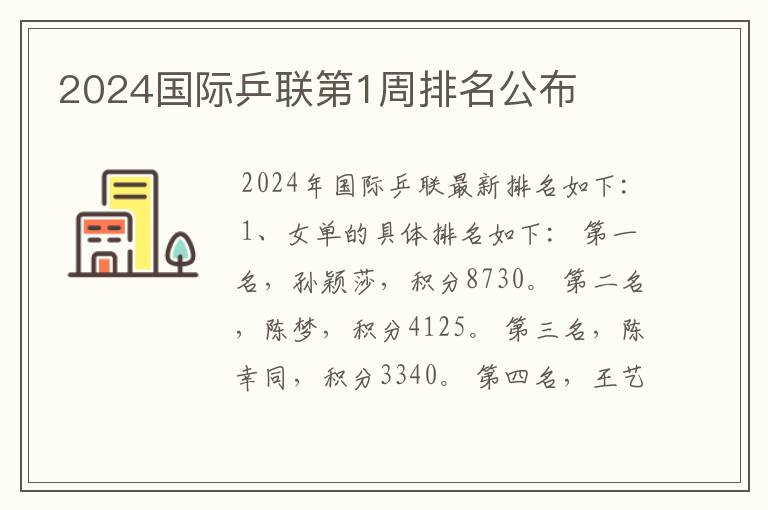 2024国际乒联第1周排名公布