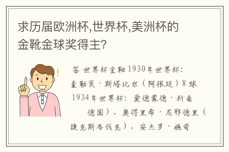 求历届欧洲杯,世界杯,美洲杯的金靴金球奖得主?