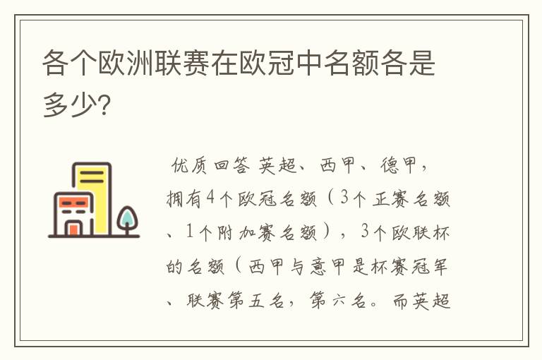 各个欧洲联赛在欧冠中名额各是多少?