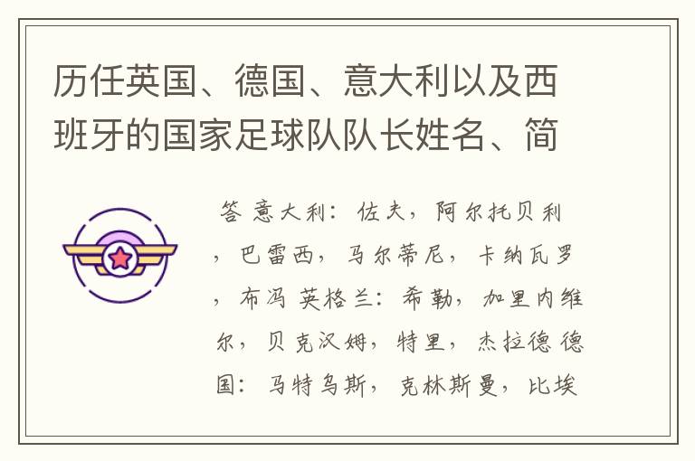 历任英国、德国、意大利以及西班牙的国家足球队队长姓名、简介?
