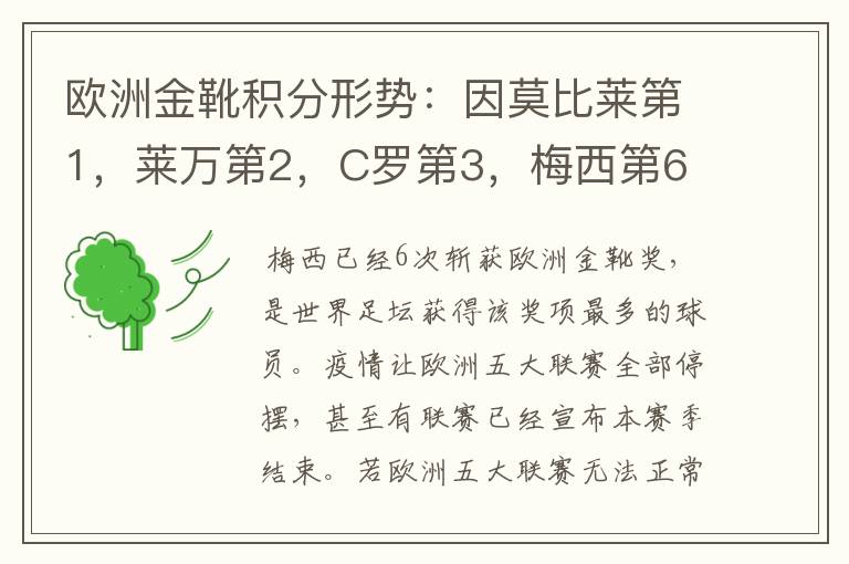 欧洲金靴积分形势:因莫比莱第1,莱万第2,C罗第3,梅西第6
