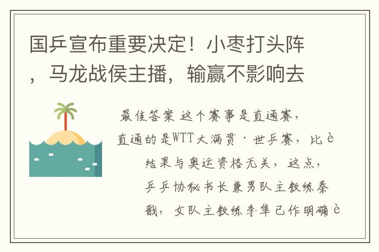 国乒宣布重要决定!小枣打头阵,马龙战侯主播,输赢不影响去东京