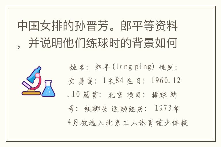 中国女排的孙晋芳。郎平等资料,并说明他们练球时的背景如何?