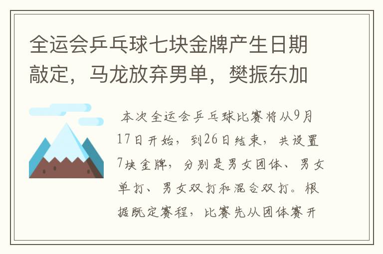 全运会乒乓球七块金牌产生日期敲定,马龙放弃男单,樊振东加冕?