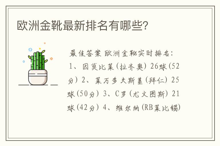 欧洲金靴最新排名有哪些?