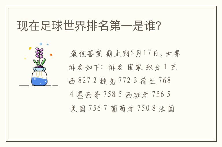 现在足球世界排名第一是谁?