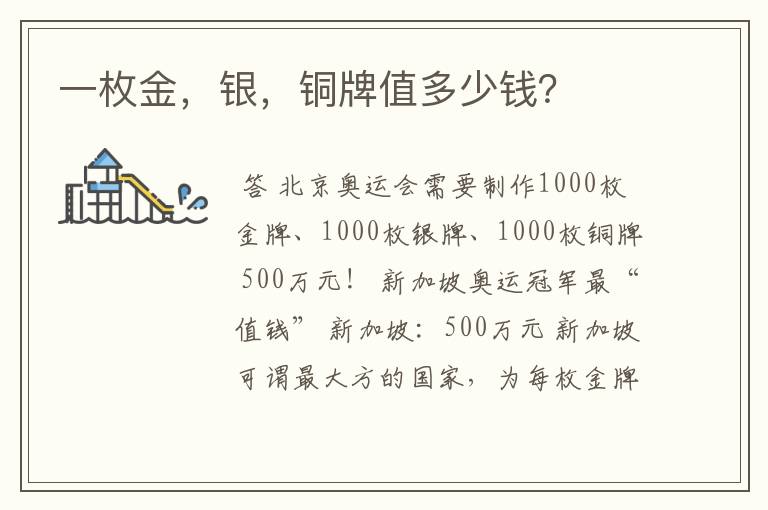 一枚金,银,铜牌值多少钱?