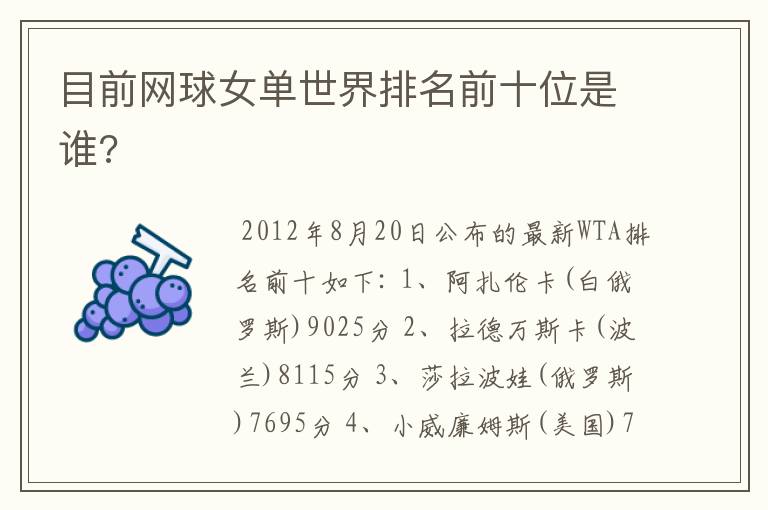 目前网球女单世界排名前十位是谁?