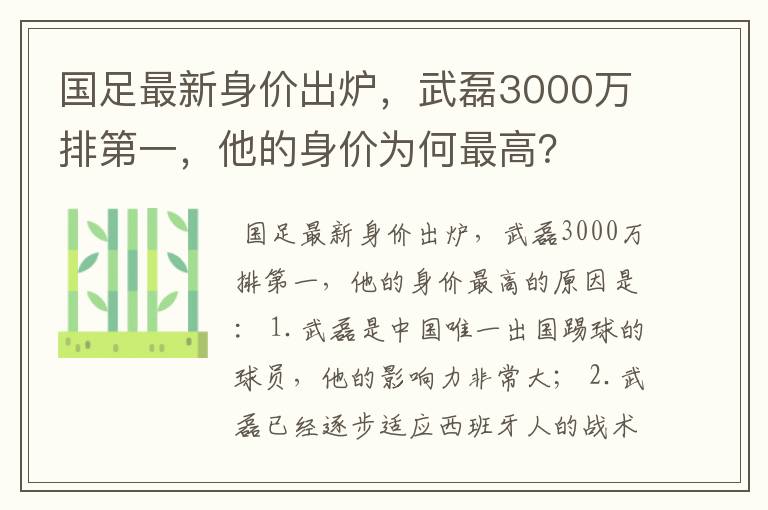 国足最新身价出炉,武磊3000万排第一,他的身价为何最高?
