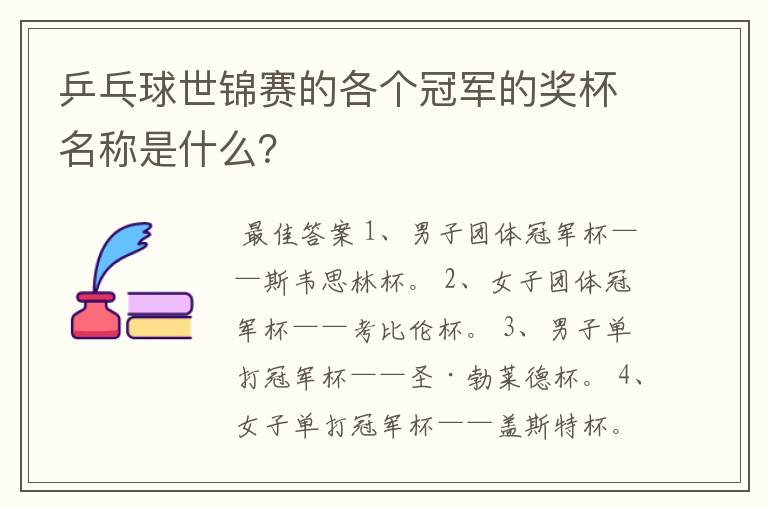 乒乓球世锦赛的各个冠军的奖杯名称是什么?