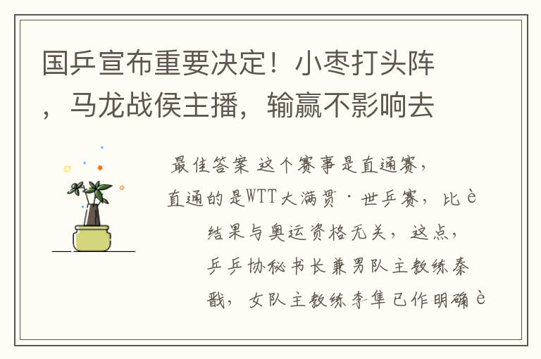 国乒宣布重要决定!小枣打头阵,马龙战侯主播,输赢不影响去东京