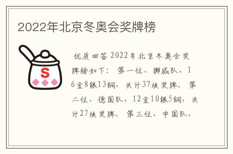 2022年北京冬奥会奖牌榜
