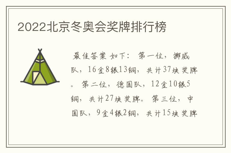 2022北京冬奥会奖牌排行榜