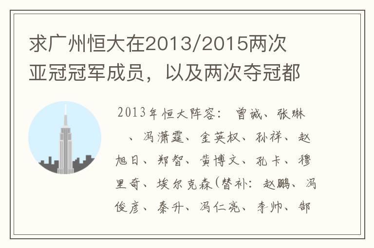 求广州恒大在2013/2015两次亚冠冠军成员,以及两次夺冠都有参与的队员名单
