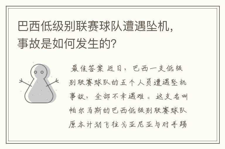 巴西低级别联赛球队遭遇坠机,事故是如何发生的?