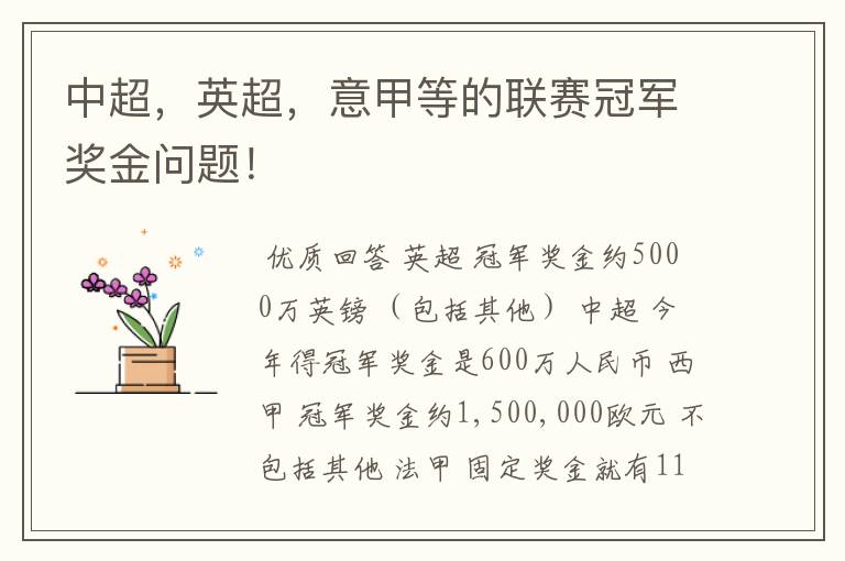 中超,英超,意甲等的联赛冠军奖金问题!