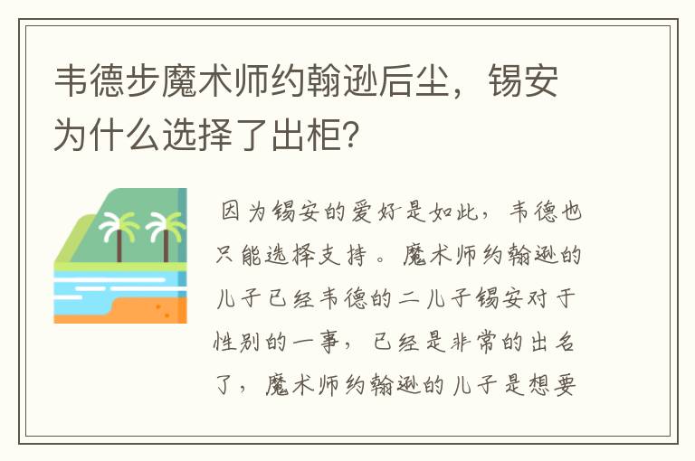 韦德步魔术师约翰逊后尘,锡安为什么选择了出柜?