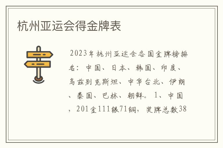 杭州亚运会得金牌表